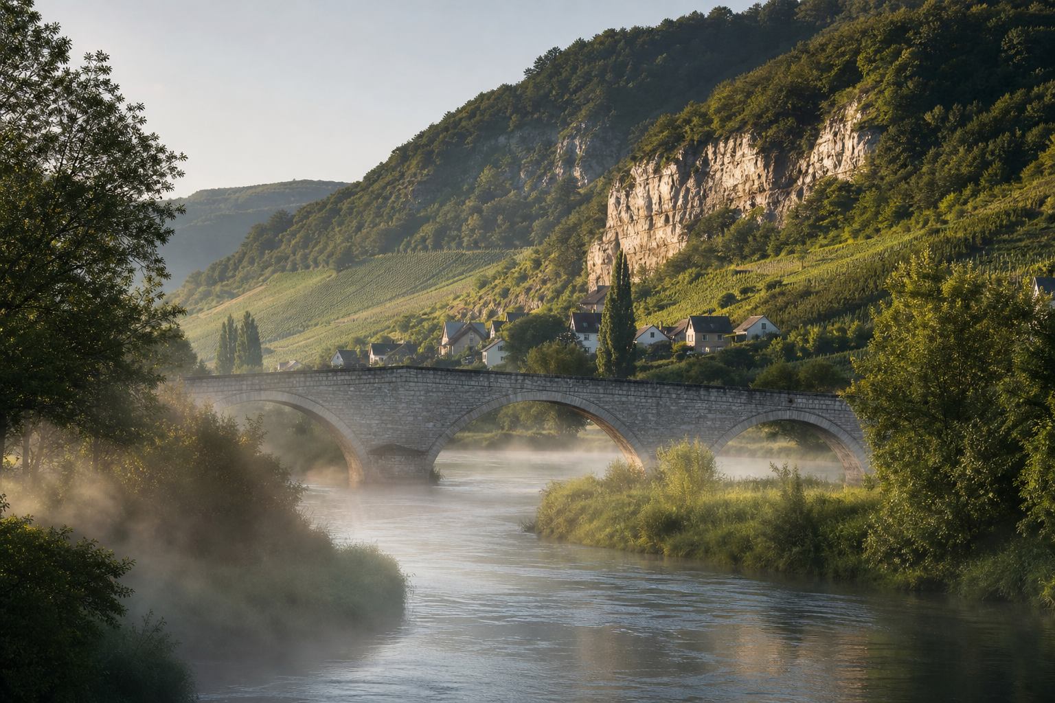 Grüne Flusstäler und Weinberge in Deutschland